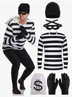NWOT Bank Robber Cat Burglar Striped Long-Sleeve Tee Costume with Accessories